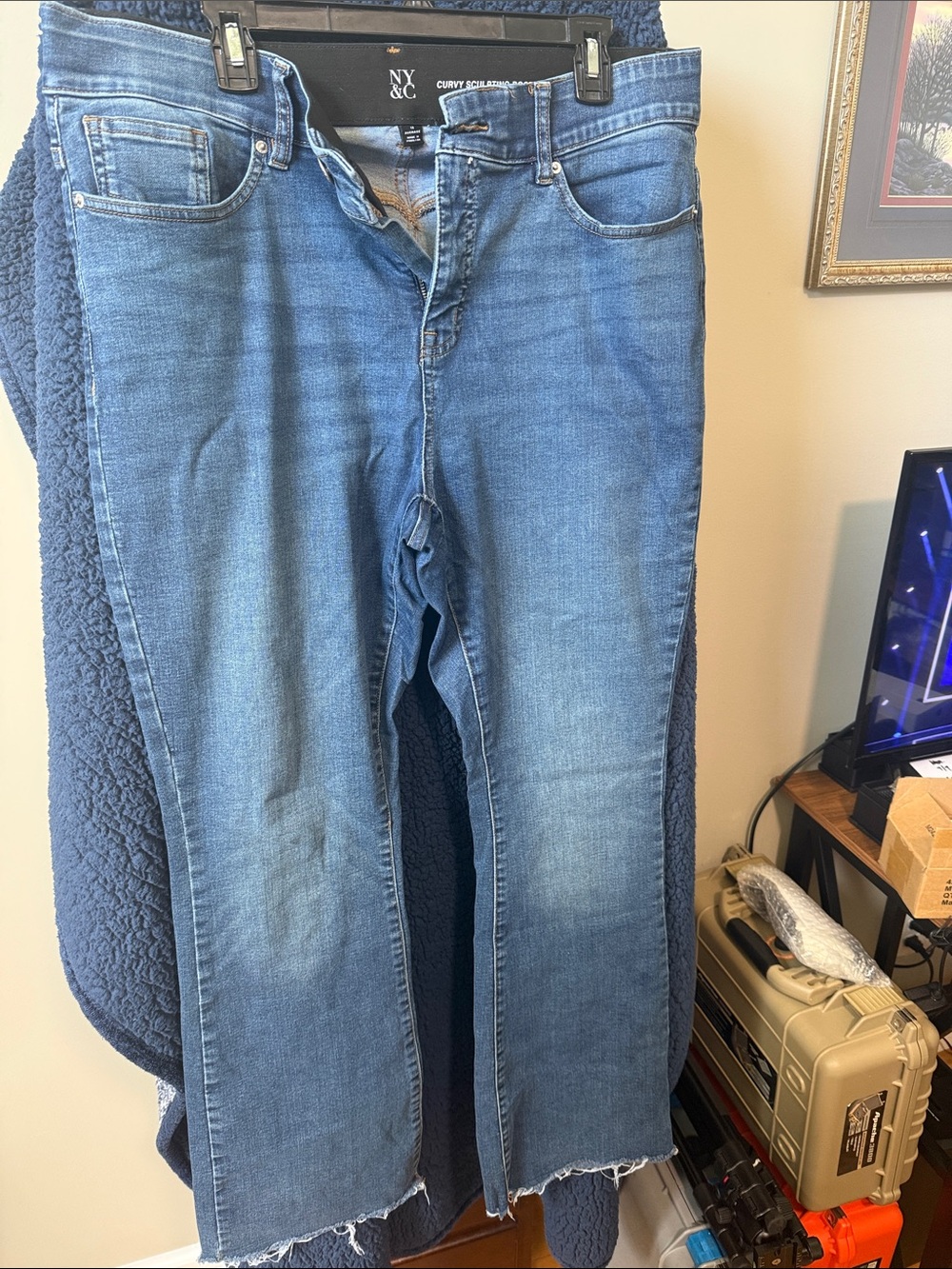 New York & Company Medium Blue Boot-Cut Jeans with frayed bottoms  (87)